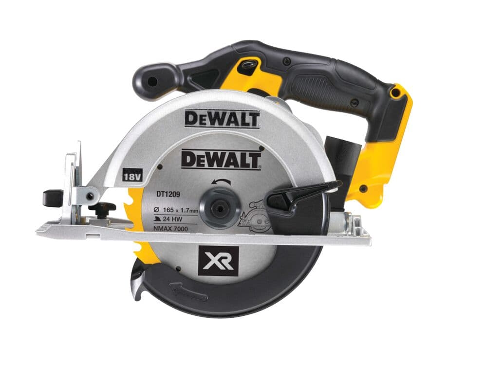 A DEWALT cordless circular saw with a yellow and black handle, featuring an 18V motor and a silver blade guard. The saw is marked with the XR logo and technical specifications are visible on the blade.