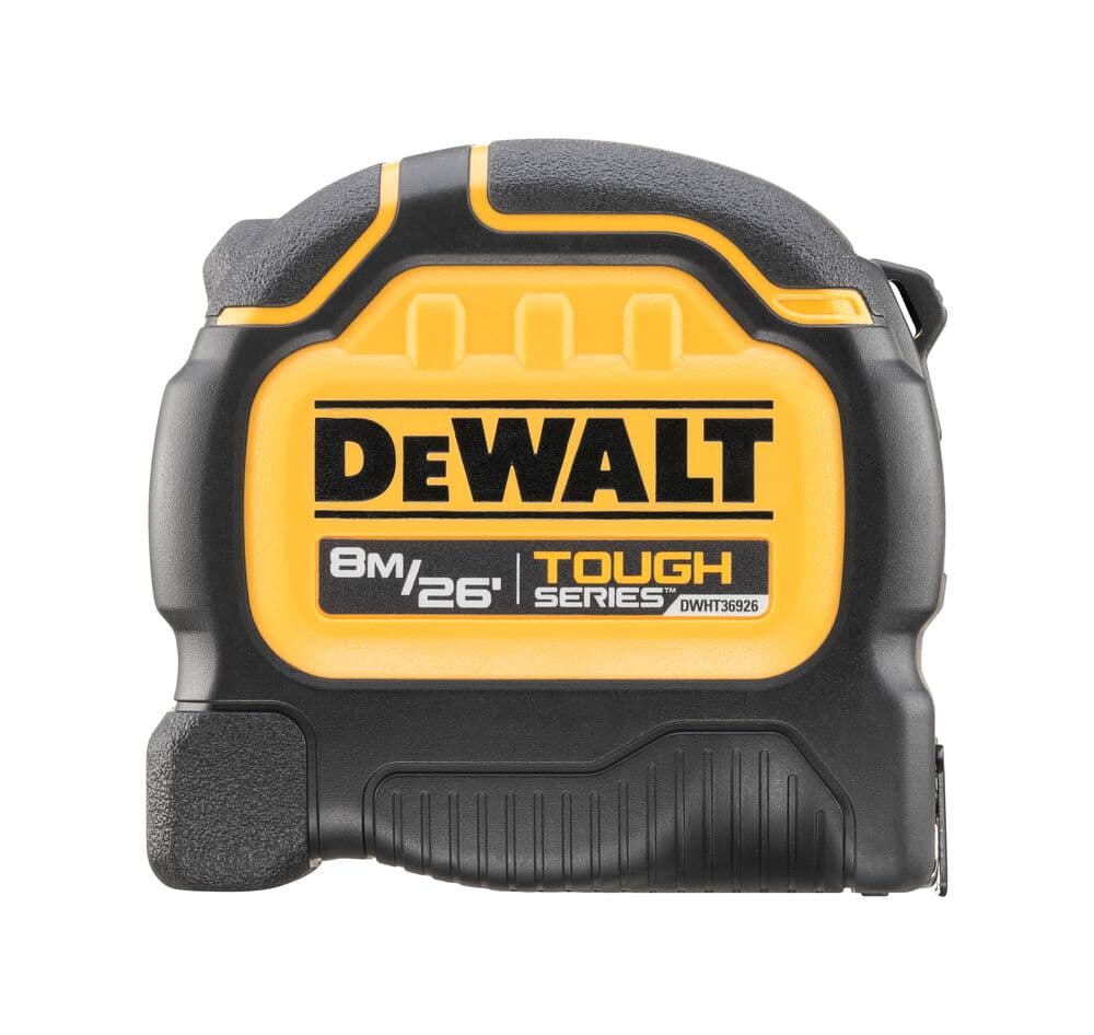 DEWALT Tough Series tape measure with a yellow and black casing, 8 meters/26 feet length, model DWHT36926.