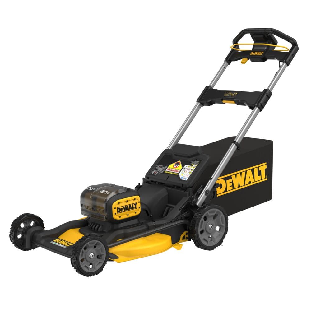 A DEWALT cordless lawn mower with a brushless motor, featuring a yellow and black design, large rear wheels, and a grass collection bag attached.