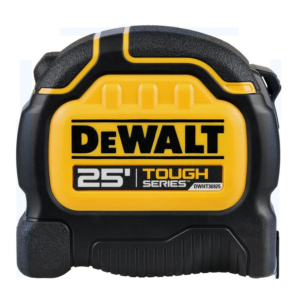 A DEWALT Tough Series 25-foot tape measure, model DWHT36925, with a yellow and black casing.