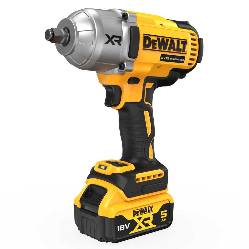 A DEWALT DCF900P2T cordless impact wrench with an 18V XR 5Ah battery, featuring a yellow and black design and brushless motor technology.