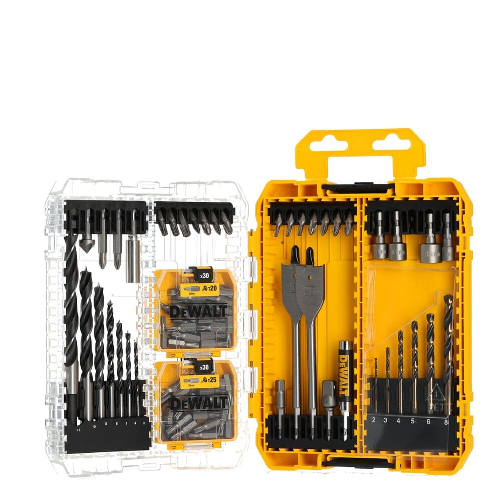 DEWALT DT70785 drill and screwdriver bit set in a yellow and transparent plastic case, displaying a variety of metal drill bits, screwdriver bits, spade bits, and accessories organized in designated compartments.