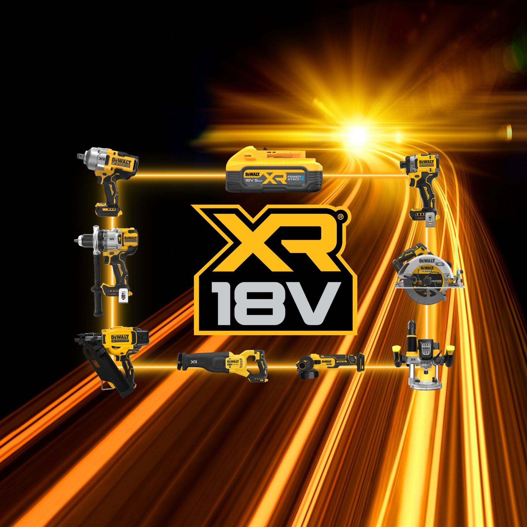 DEWALT XR 18V power tool range displayed against a dynamic yellow and black background, including cordless drill, circular saw, reciprocating saw, angle grinder, battery pack, and other tools surrounding the central XR 18V logo.