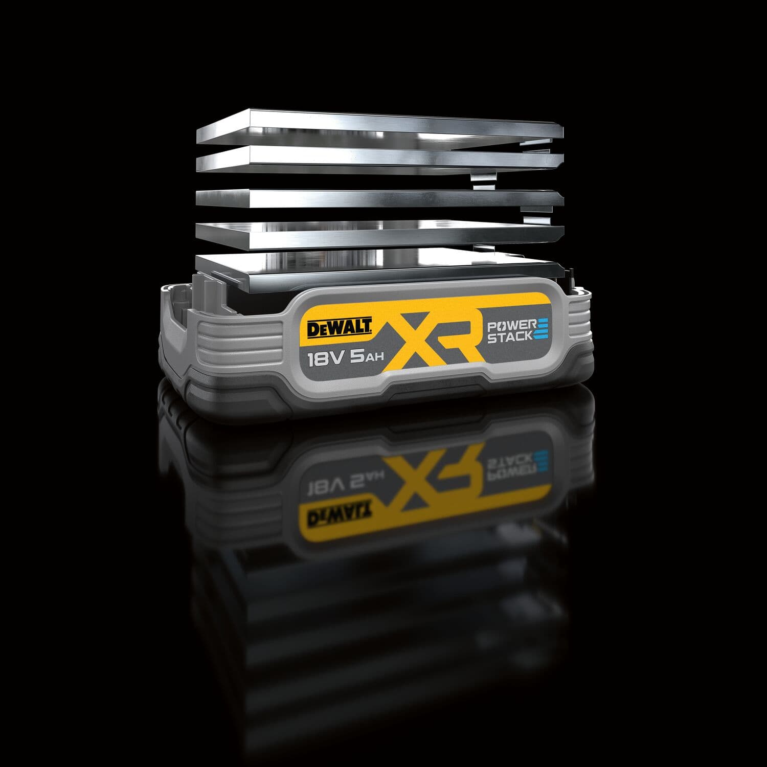 A DEWALT XR POWERSTACK 18V 5Ah battery, shown with reflective layers above it to illustrate its stacked power cell technology, photographed on a black reflective surface.
