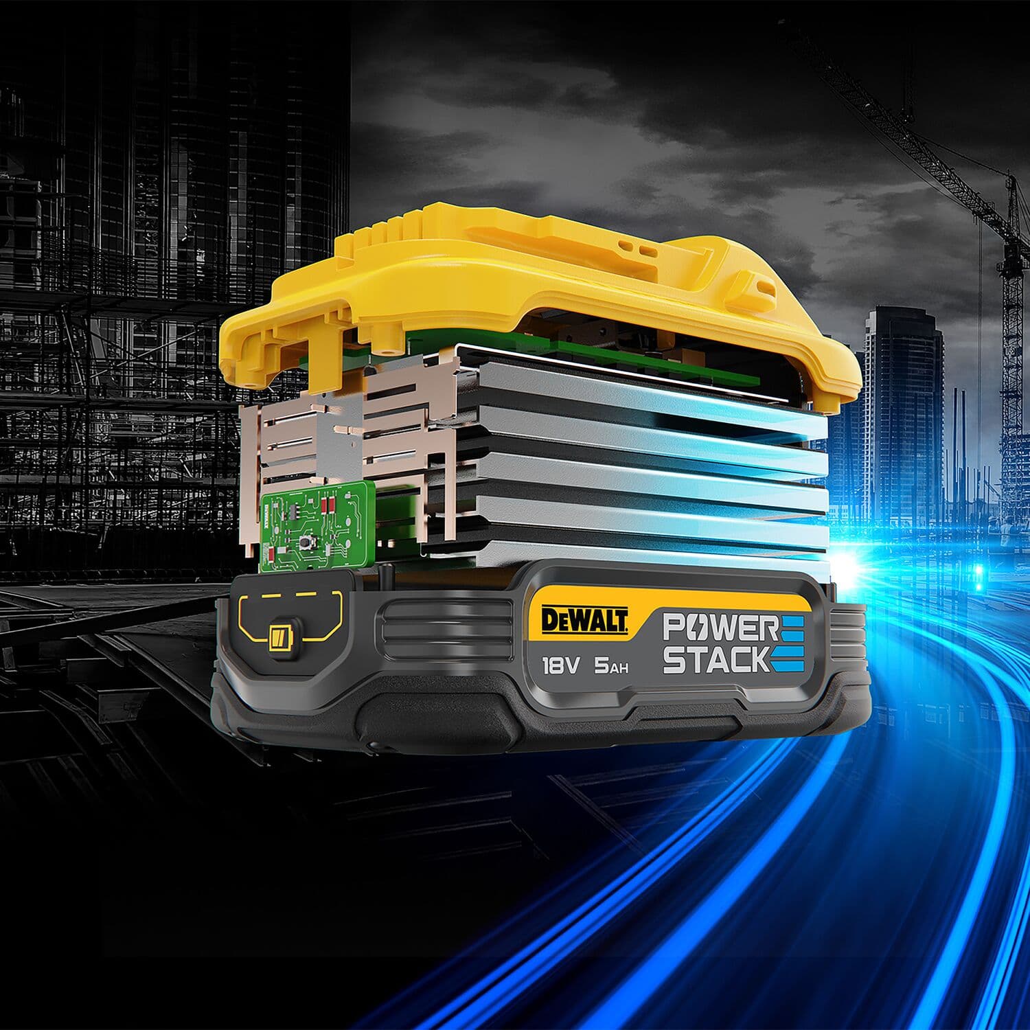 A DEWALT POWERSTACK 18V 5Ah battery is shown in a cutaway view, revealing internal components and stacked cells. The battery is set against a backdrop of a construction site with cranes and high-rise buildings, highlighted by blue streaks of light.