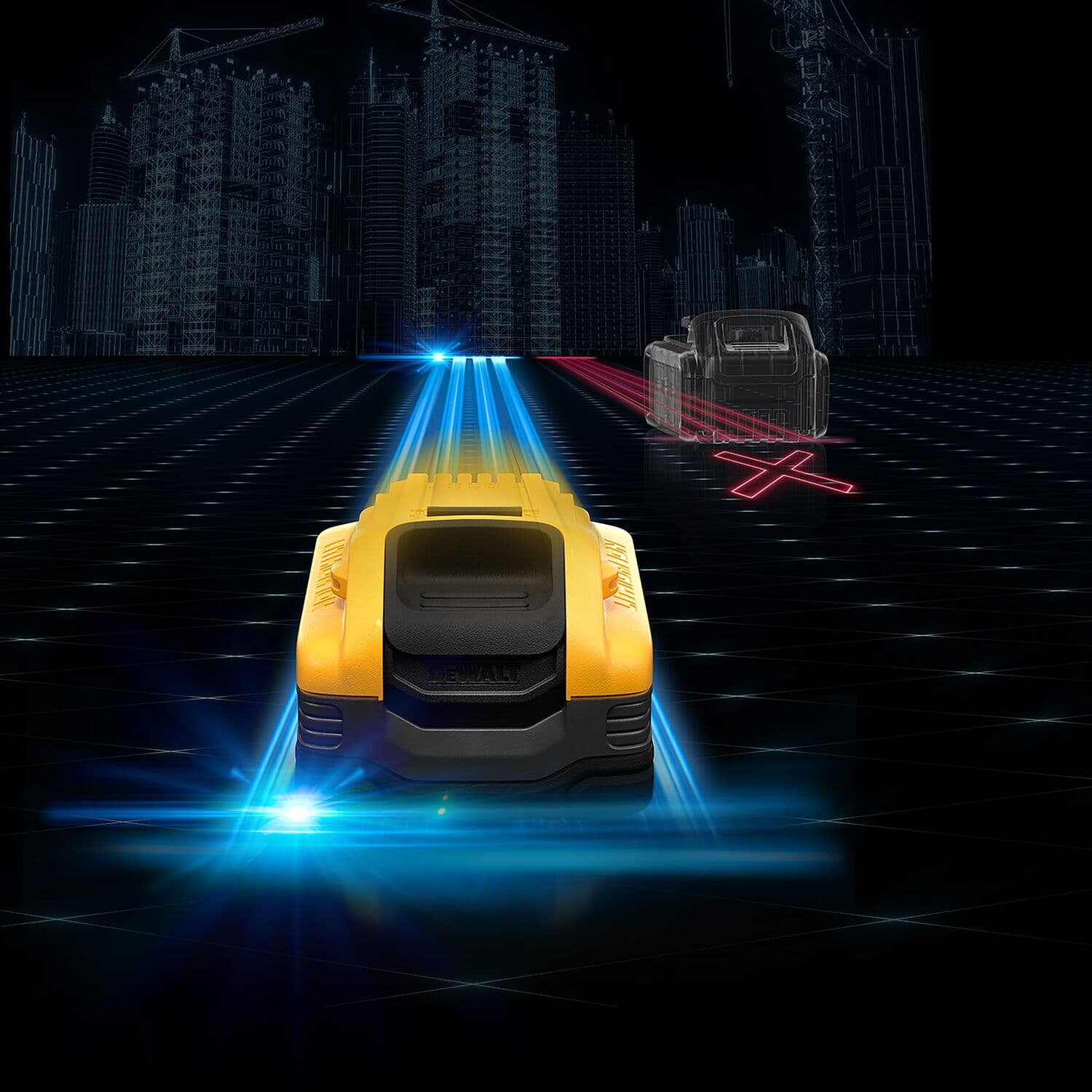 A DEWALT DCBP518 yellow and black battery is shown in a digital, futuristic setting with blue light beams, highlighting speed and innovation. In the background, a transparent battery is crossed out in red, with outlined tall buildings and construction cranes.