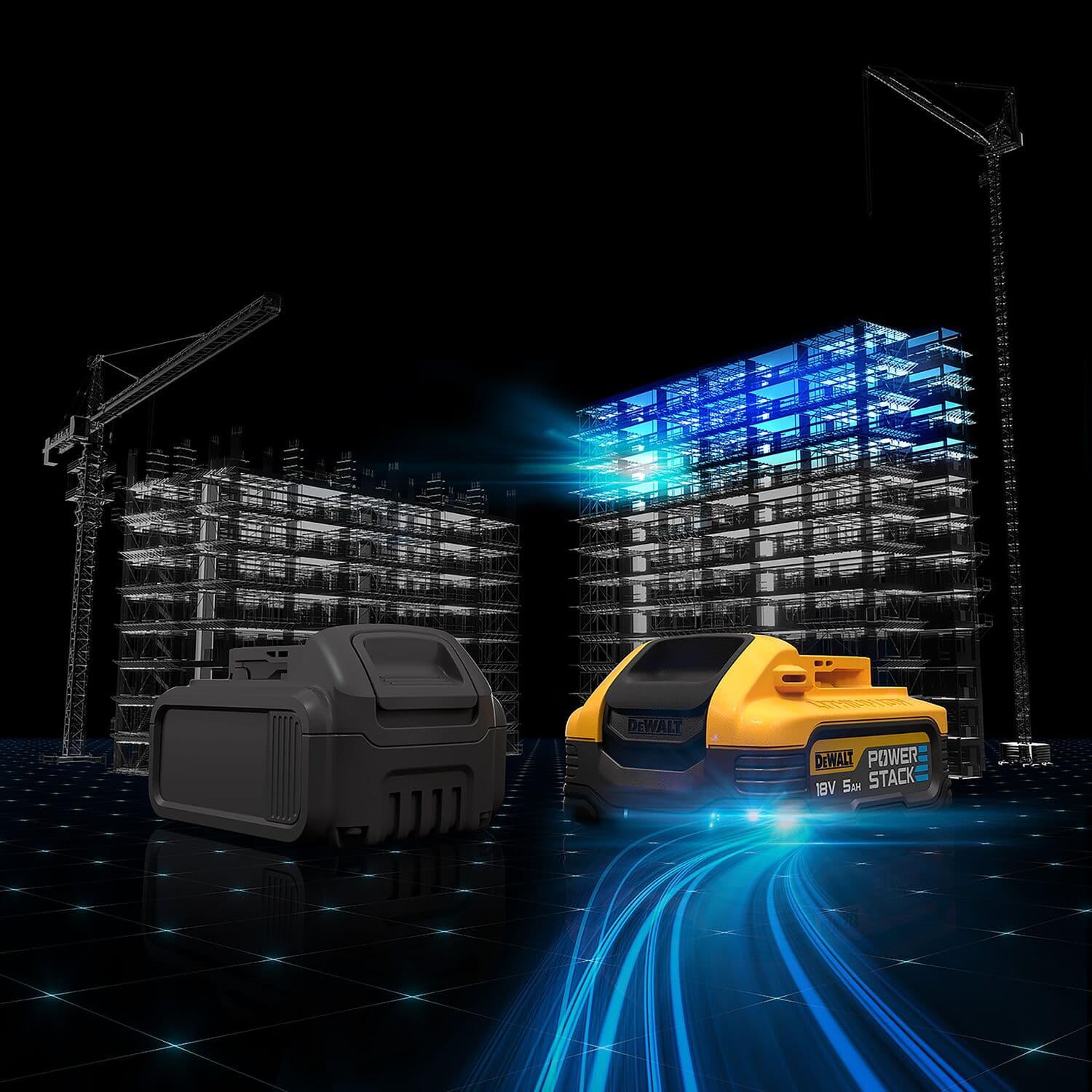 DEWALT POWERSTACK 18V battery is shown in the foreground with a dark background featuring two construction site buildings and cranes. The image includes digital effects that highlight the battery’s advanced technology.